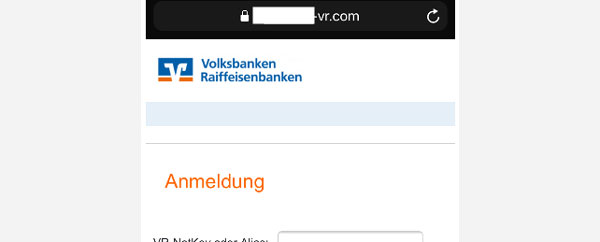Phishing-Mail Identitätsprüfung Ansicht der Phishing-Seite mit Eingabemaske für VR-NetKey oder Alias und PIN